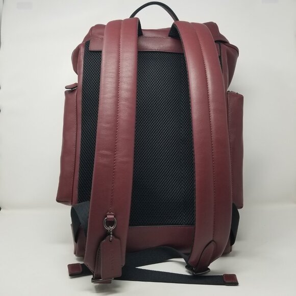 COACH Men's Burgundy Red & Black Leather Metal Buckle Drawstring Laptop Backpack - Picture 16 of 16